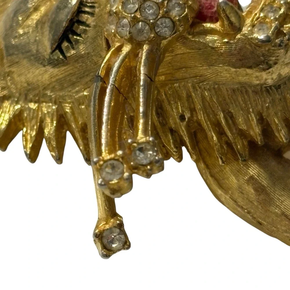 RARE Lion Brooch Pin Vintage Large‎ Enameled & Rhinestone Inset Figural Sleeping